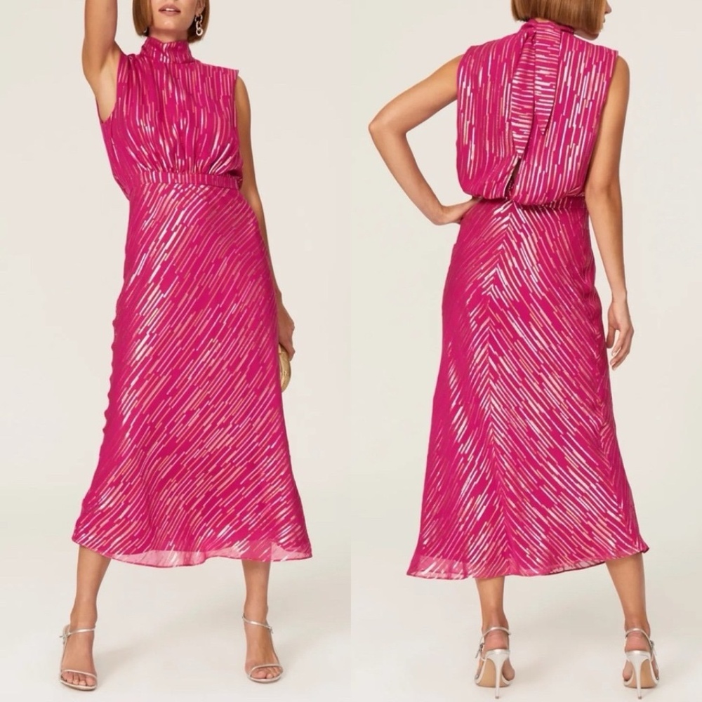 SALONI Fleur Magenta Pink Midi Dress with Metallic Threads Size 4